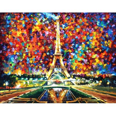 巴黎街景  埃菲尔铁塔— 调色刀油画 城市街景油画 夜景01