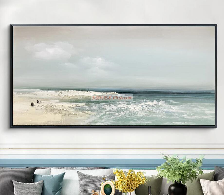 沙滩海洋油画布面蓝天白云抽象海景 大芬油画