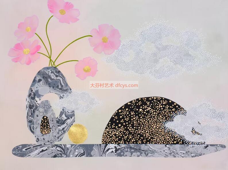 刘晶 岩石花园，“依靠我，II”，2023 纸本水粉、金箔、水彩、水墨和拼贴 22 2/5 × 30 英寸 | 57 × 76.2 厘米