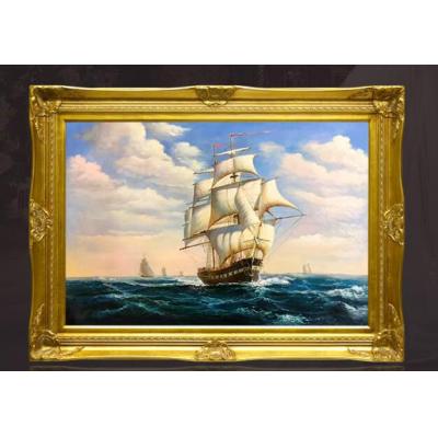 大海帆船油画  一帆风顺欧式横版风景手绘油画