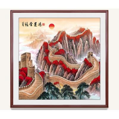 玄关装饰画正方形金色万里长城山水画中式客厅 大芬村油画定制 红色长城 