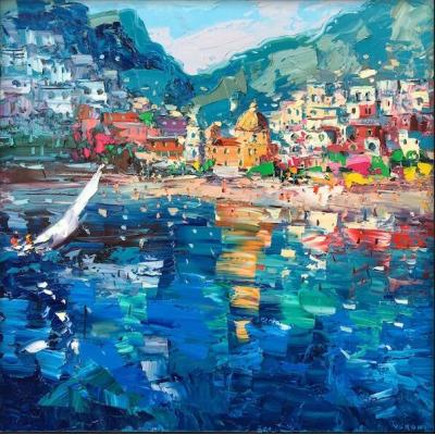 波西塔诺画布上的绘画，原创艺术，阿马尔菲海岸，意大利绘画，彩...