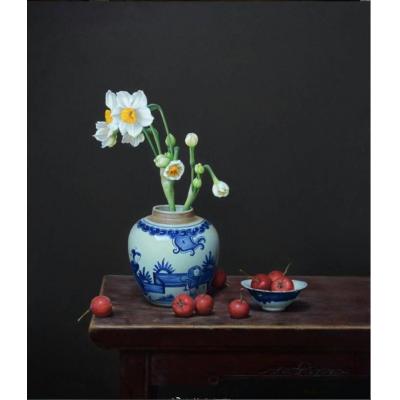 中国风静物油画 写实油画 静物 水仙和青花瓷油画