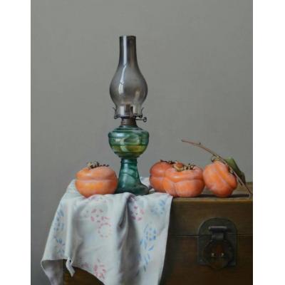 中国风静物油画 写实油画 静物 煤油灯和柿子