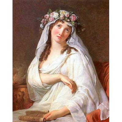 头戴花冠的维斯塔贞女 雅克·路易·大卫 日期： 1783 风格： 新古典主义 类型： 肖像 媒体： 油彩、 帆布 地点： 私人收藏