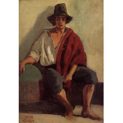 来自 Paeigno 的一位面朝前方坐着的意大利人 卡米耶·柯罗 日期： 约 1826 年 - 约1828 年 风格： 现实主义 主题： 意大利人 类型： 肖像 媒体： 油彩、 帆布