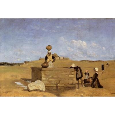 巴茨附近井边的布列塔尼妇女 卡米耶·柯罗 日期： 约 1840 年 - 约1844 年 风格： 现实主义 主题： 法国城市景观、风景和海景 类型： 风俗画 媒体： 油彩、 帆布 方面： 25 x 33 厘米