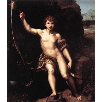 沙漠中的施洗者圣约翰 拉斐尔 日期： 约 1518 - 1520 年 风格： 文艺复兴盛期 类型： 宗教绘画 媒体： 油彩、 帆布 地点： 意大利佛罗伦萨乌菲兹美术馆 方面： 165 x 147 厘米