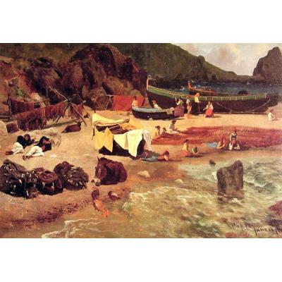 卡普里岛的渔船 艾伯特·比尔施塔特 日期： 1857 风格： 浪漫主义 类型： 风俗画 媒体： 油、 纸 地点： 美国马萨诸塞州波士顿美术博物馆 (MFA) 方面： 33.97 x 49.85 厘米
