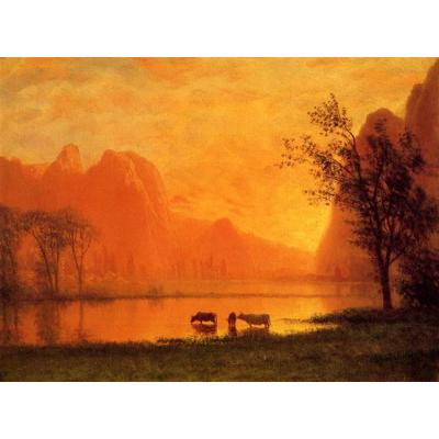 优胜美地日落 艾伯特·比尔施塔特 日期： 约1863 年 风格： 光主义 类型： 景观 媒体： 油彩、 帆布 地点： 蒂森-博内米萨博物馆，马德里，西班牙 方面： 30.5 x 40.6 厘米