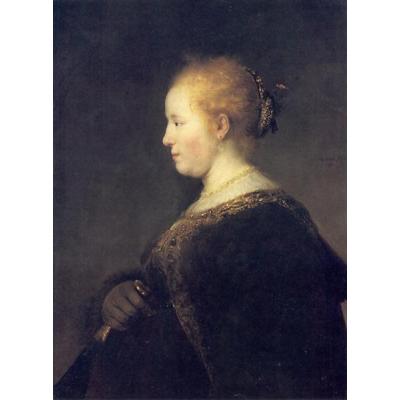大芬村油画工作室《持扇侧面女子肖像》油画复制品 | 伦勃朗巴洛克风格人物肖像 | 高品质家居与艺术空间装饰