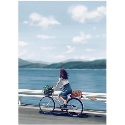 大芬村油画 治愈系手绘油画客厅玄关风景蓝天装饰画骑单车的女孩