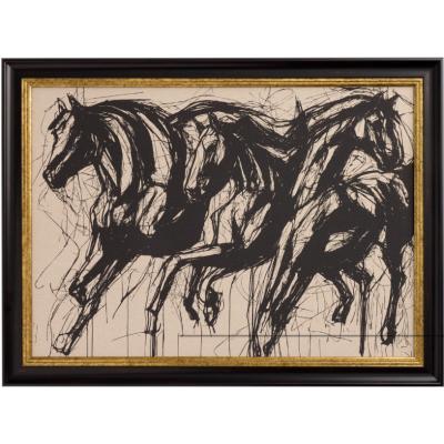 三匹黑马抽象画框亚麻布墙饰 大芬村油画
