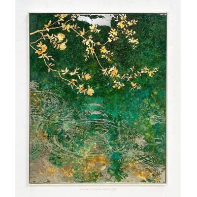 大芬油画村 现代简约装饰画 金枝映水意境挂画 墨绿闪粉肌理 客厅卧室背景墙壁挂 定制尺寸