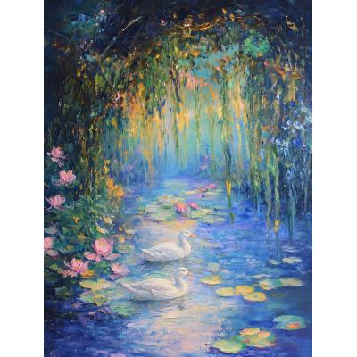 大芬油画村 手绘印象派油画 荷塘白鸭睡莲装饰画 垂柳水景挂画...