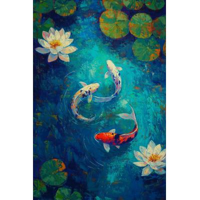 大芬油画村 手绘油画 锦鲤荷塘装饰画 白莲墨鲤水景挂画 客厅...