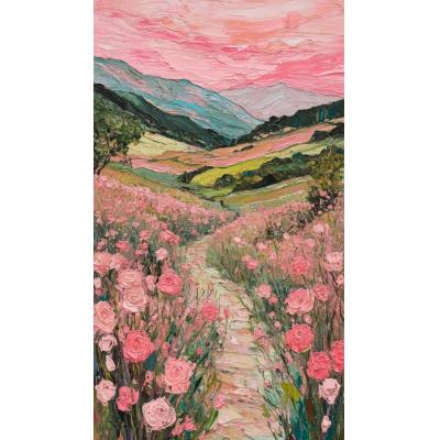 大芬油画村手绘刮刀油画 粉色玫瑰山谷 厚肌理风景竖版装饰画