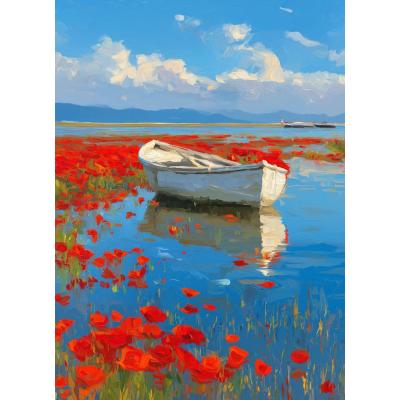 印象派花海小船油画 红蓝撞色客厅玄关艺术挂画