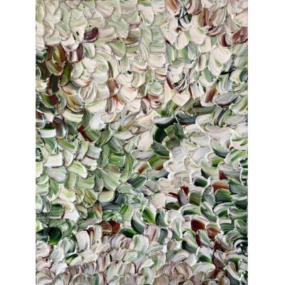 大芬油画村纯手绘厚肌理刮刀油画 绿白堆叠花瓣抽象装饰画 现代客厅玄关大幅落地挂画可定制