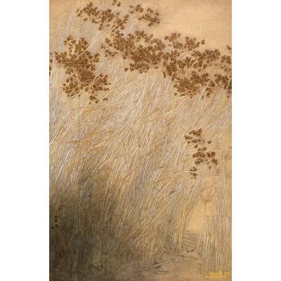 新中式工笔芦苇油画 茶室玄关竖版装饰画 大芬手绘