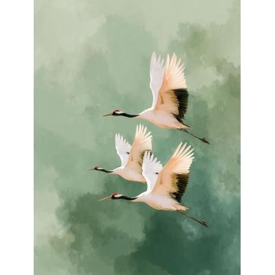 新中式丹顶鹤手绘油画 三联仙鹤飞鹤客厅装饰画