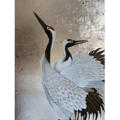 金箔肌理手绘丹顶鹤油画 新中式双鹤玄关装饰画