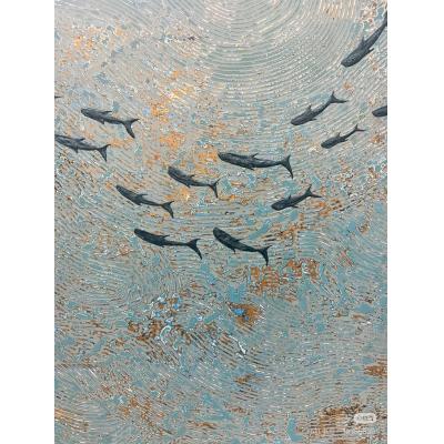 大芬油画村纯手绘肌理油画 深海群鱼游弋 轻奢金箔波纹鲨鱼 客厅玄关方形装饰挂画