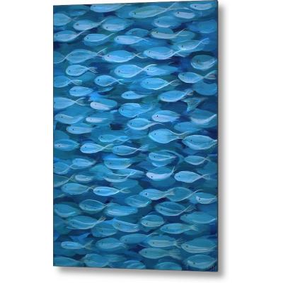 大芬油画村纯手绘油画 蓝色深海群鱼 清新治愈厚肌理鱼群 现代简约客厅玄关装饰挂画