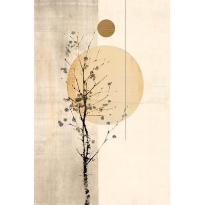 大芬油画村手绘 新中式枯树圆月禅意油画 玄关竖版侘寂风装饰画
