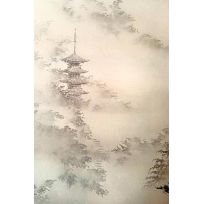 大芬油画村手绘 新中式云雾古塔禅意油画 玄关竖版侘寂水墨装饰画