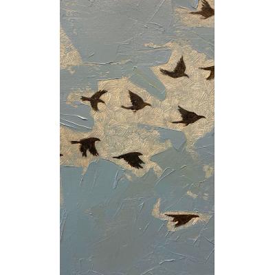 大芬油画村工作室手绘油画 厚肌理金纹飞鸟 蓝调侘寂风客厅玄关装饰画