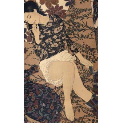 大芬油画村纯手绘 池永康晟休憩卧姿美人画 日式工笔花卉仕女油画 复古麻布肌理茶室卧室竖版装饰挂画