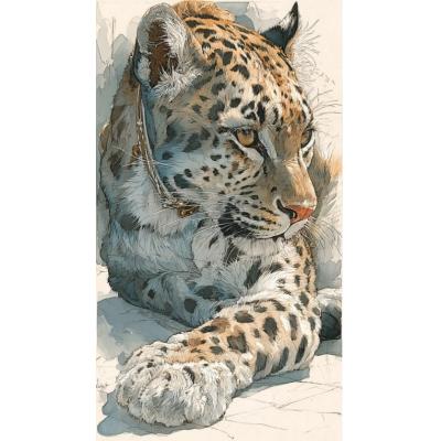 大芬手绘油画｜复古速写雪豹 野性动物肖像 玄关竖版装饰画