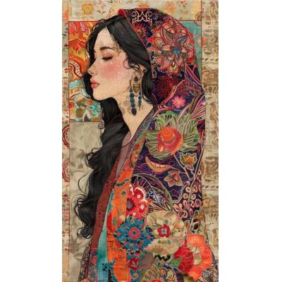 大芬手绘油画｜民族风繁花少女 复古织锦纹样人物玄关挂画