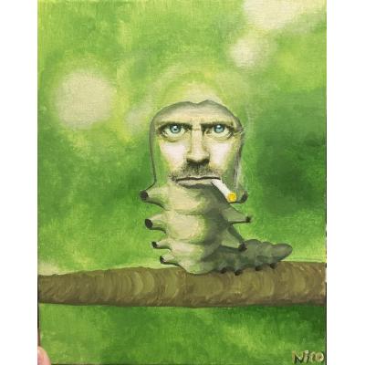 怪诞超现实油画 抽烟人脸毛毛虫 网红梗画个性玄关挂画成品